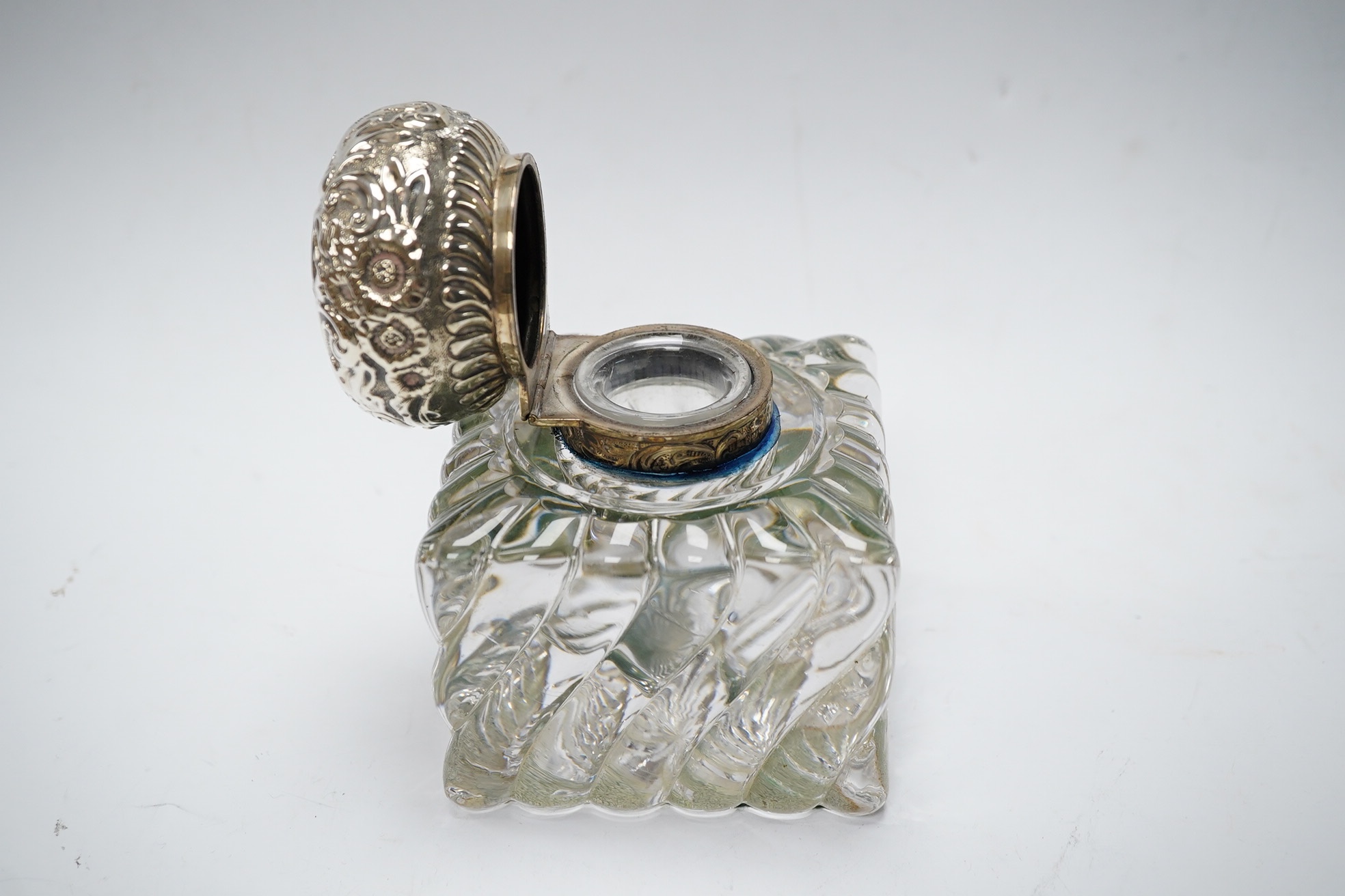 A late Victorian square wrythened fluted glass silver mounted ink pot, height 12cm. Condition - fair